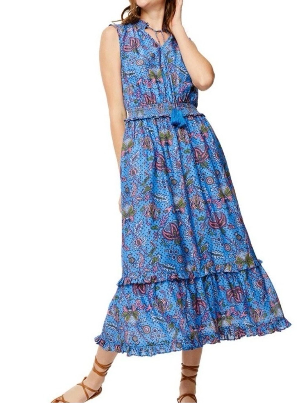 Roller Rabbit Amanda Friday Silk Blend Smocked Midi Dress XXS